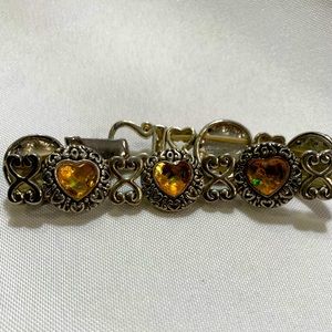 Silver heart bracelet, with yellow/iridescent heart gems, stretchy